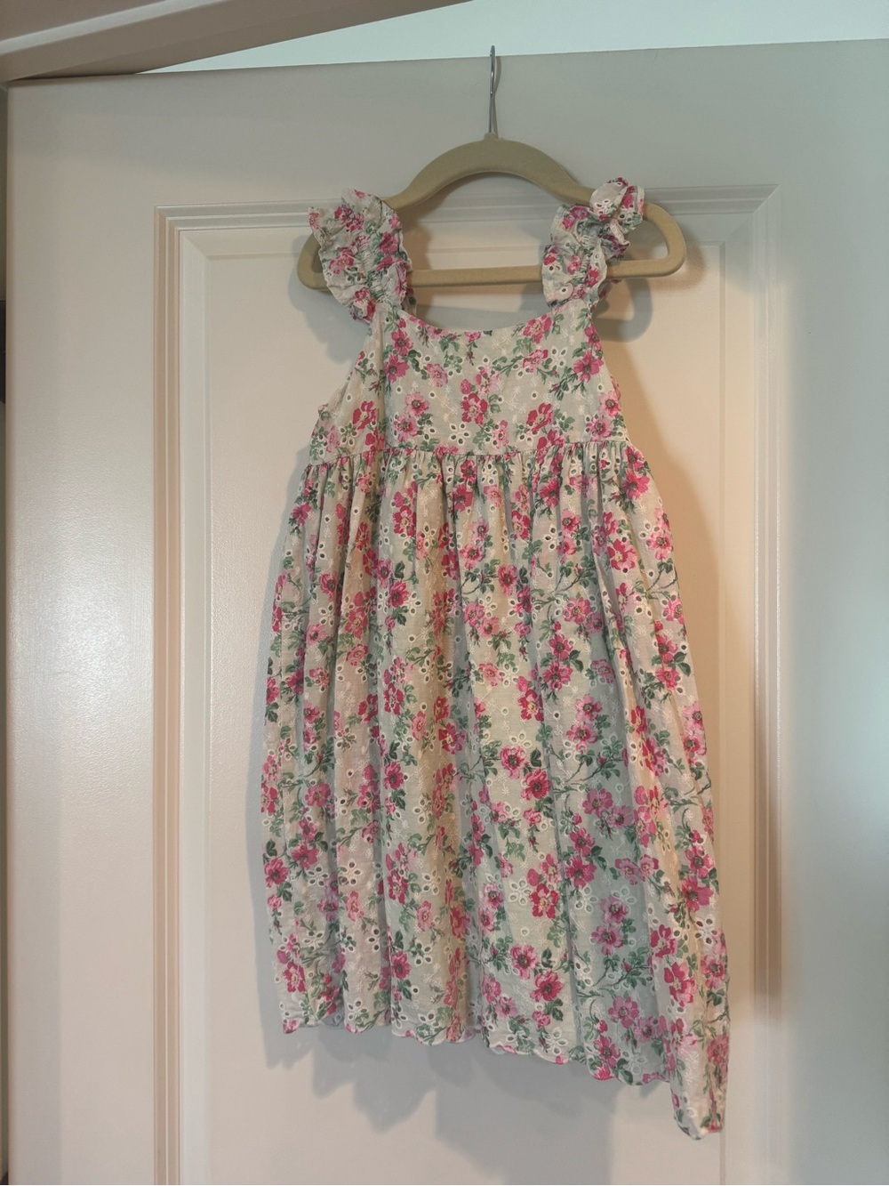 Janie and Jack Cream Floral Ruffle-Shoulder Dress with Pink Flowers
